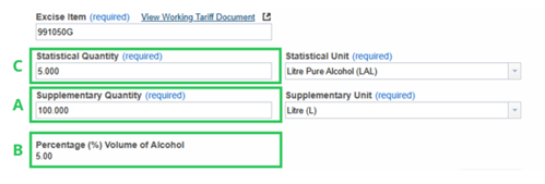 Calculation of the volume of alcohol using statistical quantity, supplementary quantity, and percentage volume of alcohol.